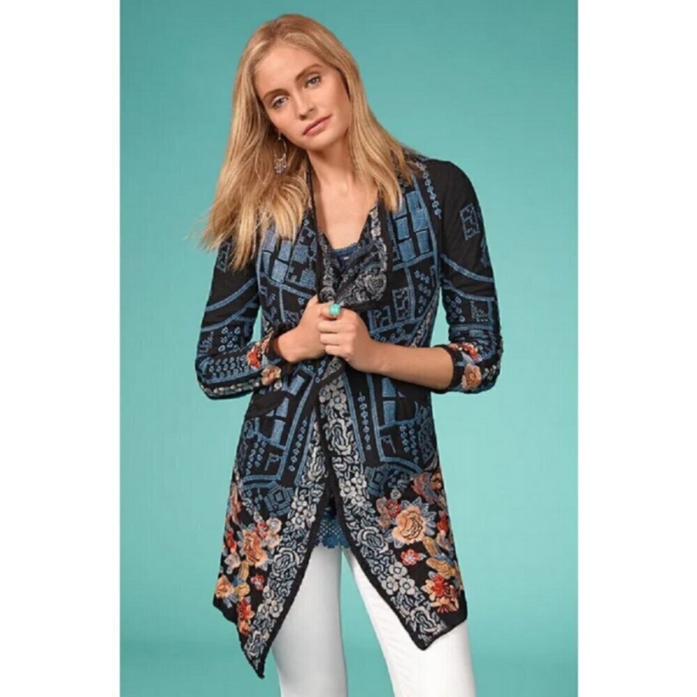 Johnny Was Biya Klori Wrap Cardigan ~ Black Embroidered Floral Print M Nwot